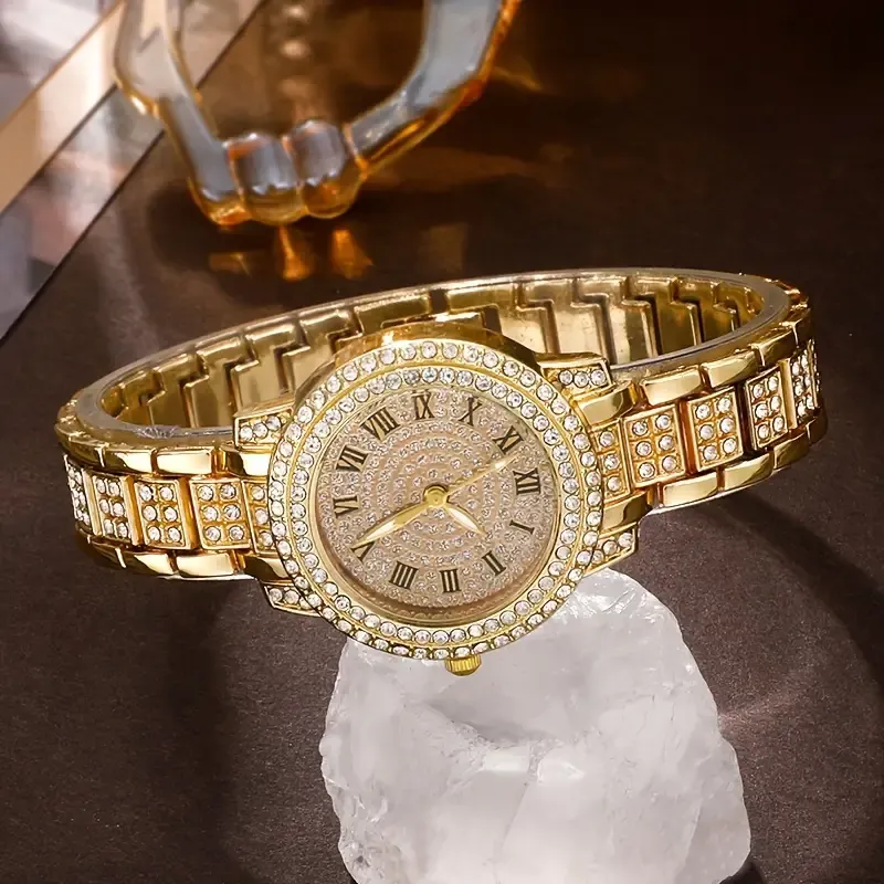 Watch Luxury Rhinestone Quartz Watch Shiny Fashion Analog Wrist Watch & Jewelry Set, Gift For Mom Her