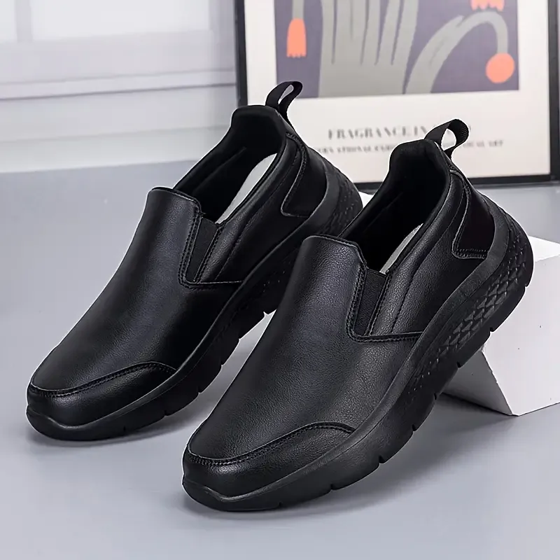 Men's Slip-On Sneakers - Casual Sport Loafers with Solid Color, Non-Slip Rubber Sole, Comfort Shock Absorption, Waterproof Oil-Resistant, Round Toe PU Upper, Fall Lightweight Athletic Shoes Without Lining