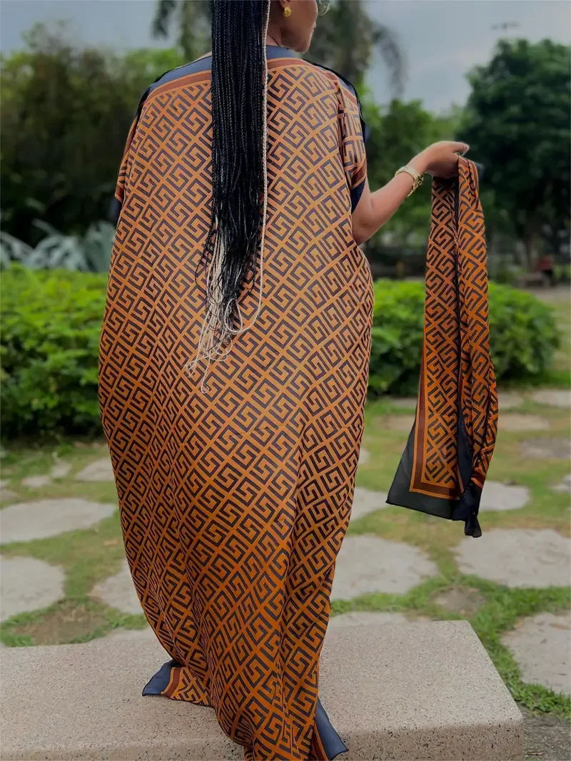 Allover Print Boat Neck Maxi Dress, Elegant Batwing Sleeve Cover Up Dress With Hijab, Women's Clothing