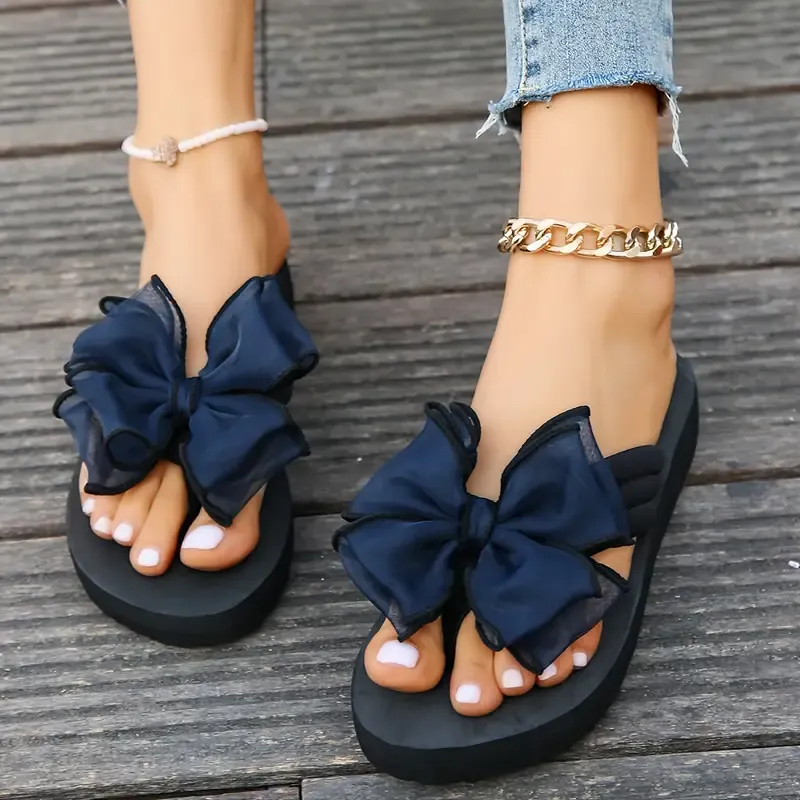 Women's Fashion Platform Flip-Flops With Bow Detail, Summer Trendy Non-Slip Indoor & Outdoor Elevated Beach Slides Vacation Travel Essential