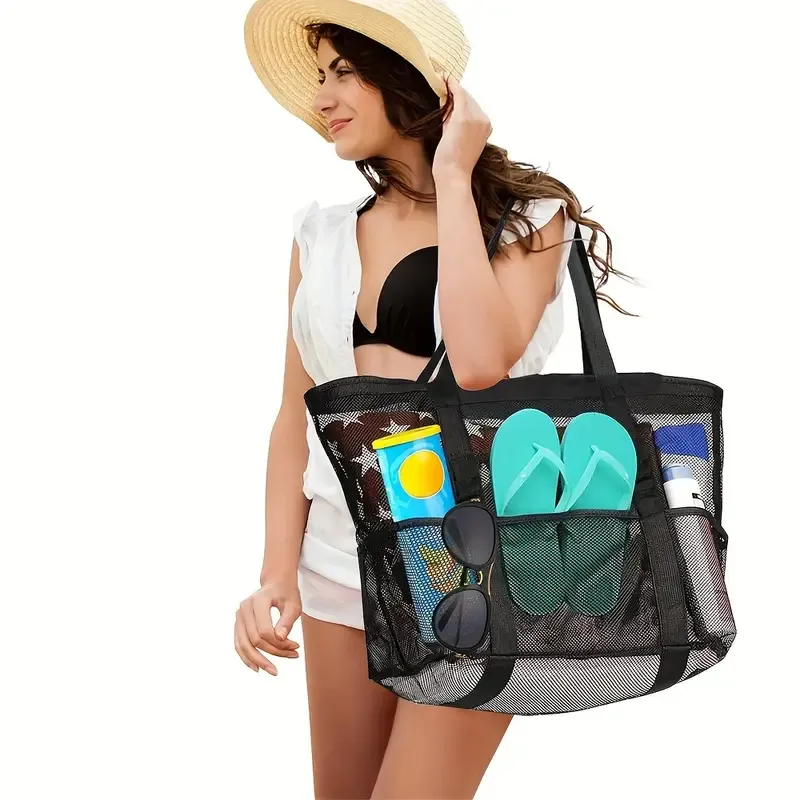 Extra-Large Mesh Beach Tote - Sandproof Swim Bag with Zipper & Pockets, Lightweight & Foldable for Pool, Boat, and Vacation Essentials