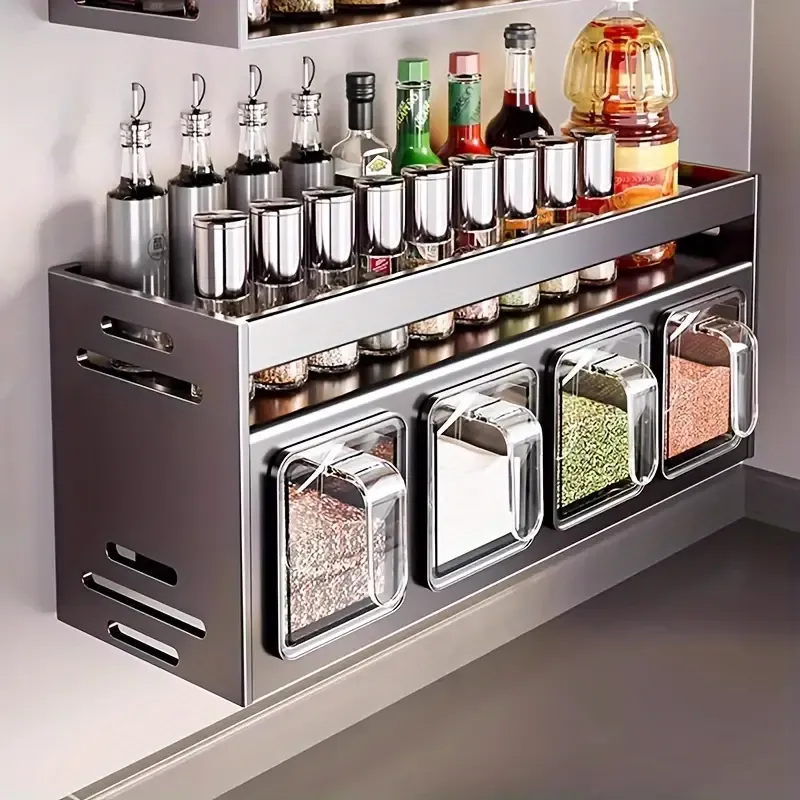 1pc Durable Aluminum Wall-Mounted Kitchen Organizer with Seasoning Containers and Jars - No-Drill Installation for Home and Restaurant Use