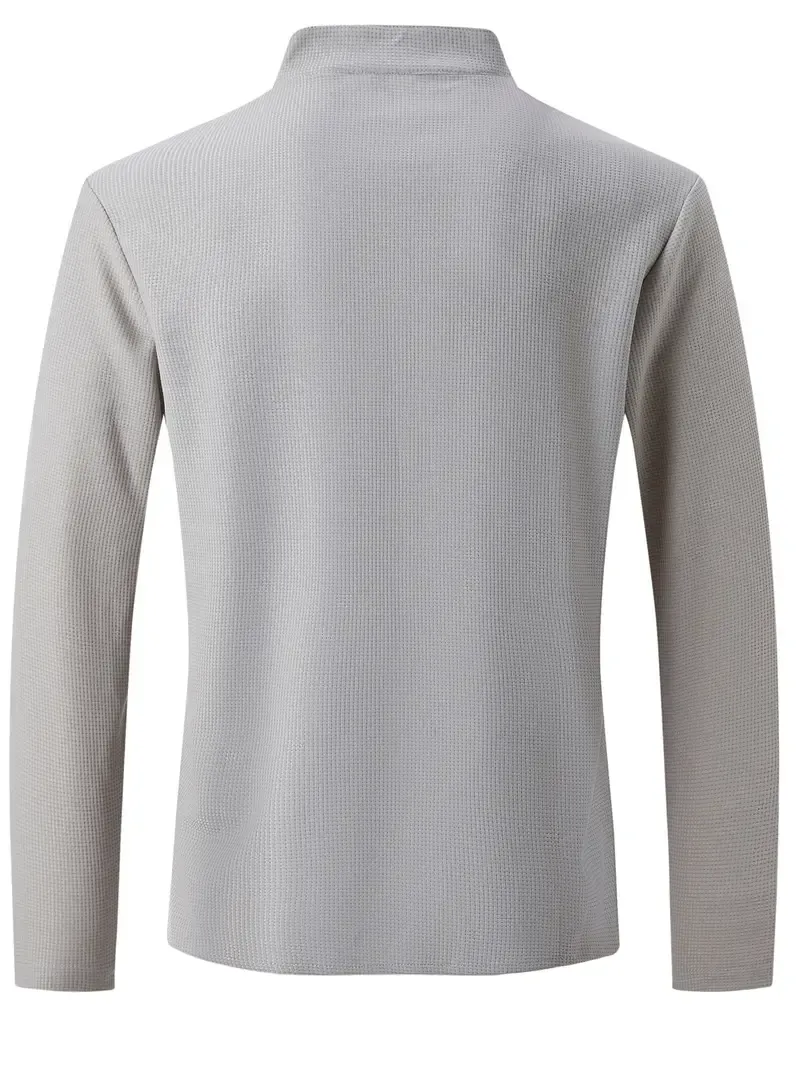 Solid Lapel Shirt, Men's Casual V-Neck Pullover Long Sleeve Shirt For Spring Autumn, Men's Clothing