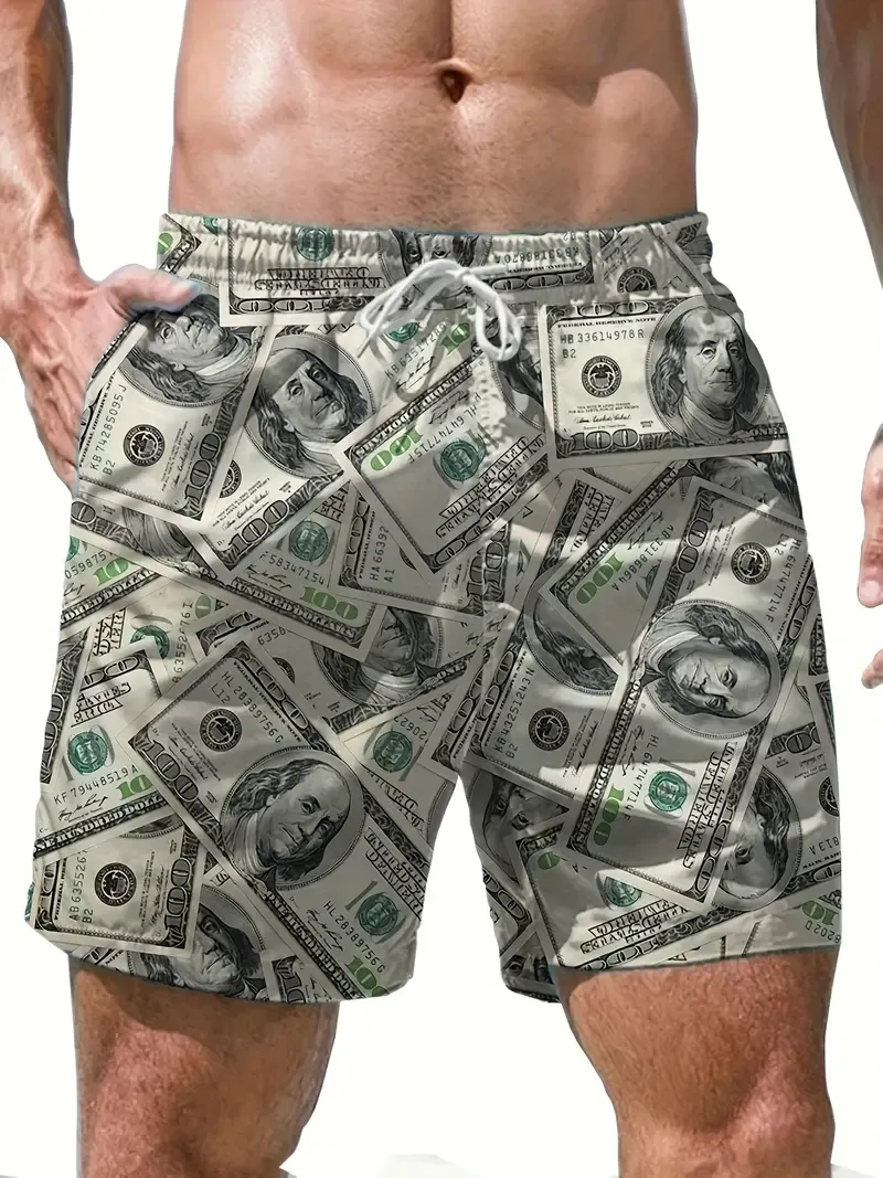 Men's Trendy Money Pattern Shorts With Pockets, Casual Breathable Elastic Waist Drawstring Shorts For Summer