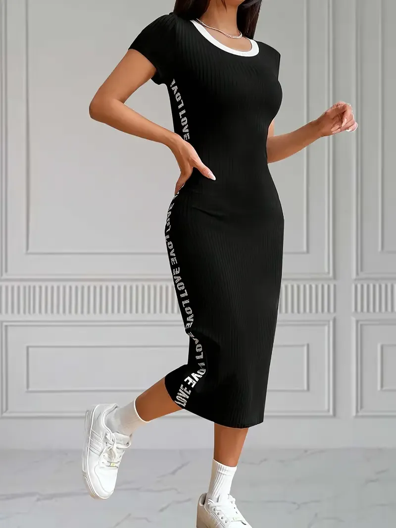 Short Sleeve Crew Neck Slim Fit Pencil Dress