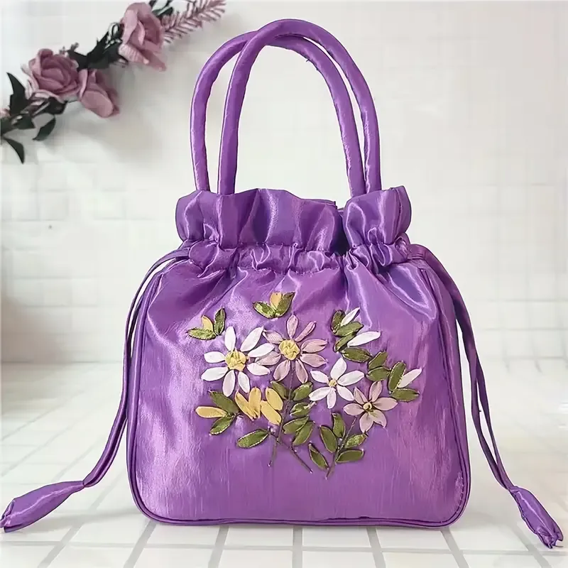 Chic Embroidered Floral Handbag for Women - Versatile Nylon Tote with Zip Closure, Available in Multiple Colors