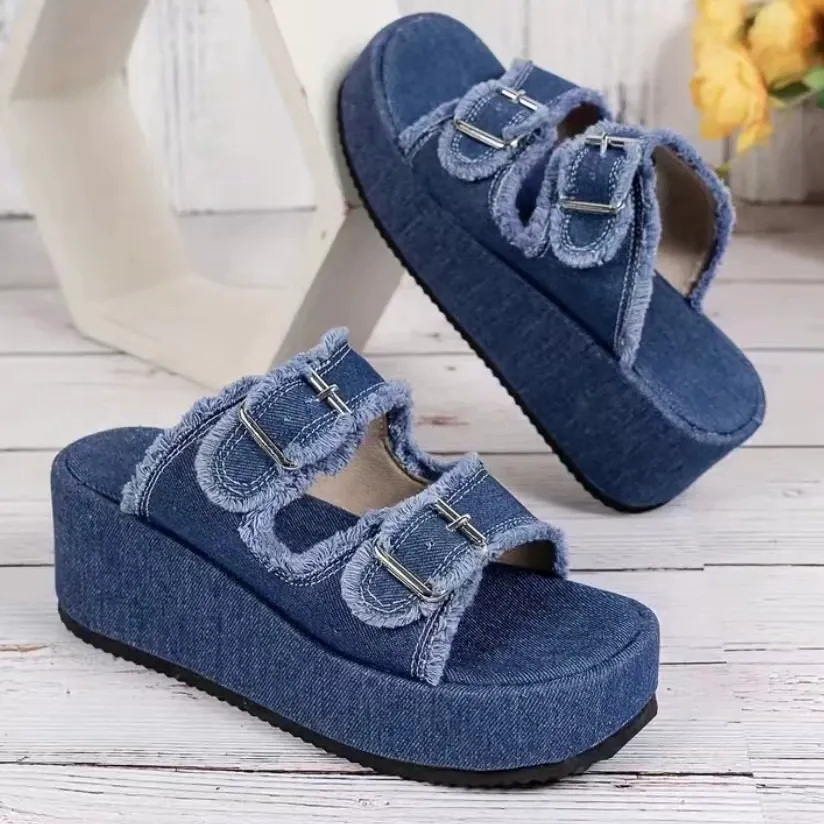 women's denim slip-on slippers with belt buckle