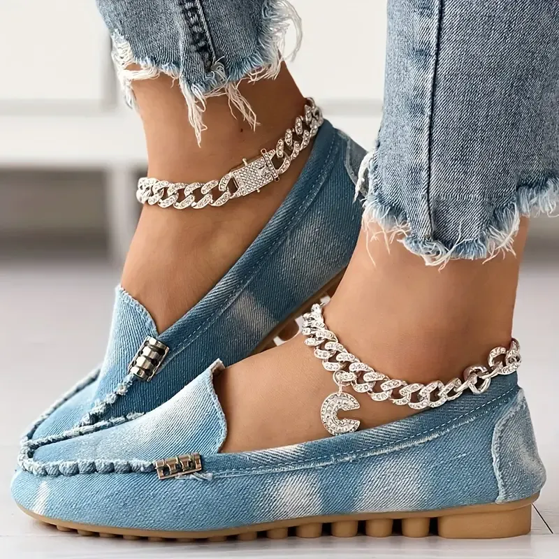 Women's Denim Flat Loafers, Casual Round Toe Slip On Low Top Shoes, Comfy Walking Shoes