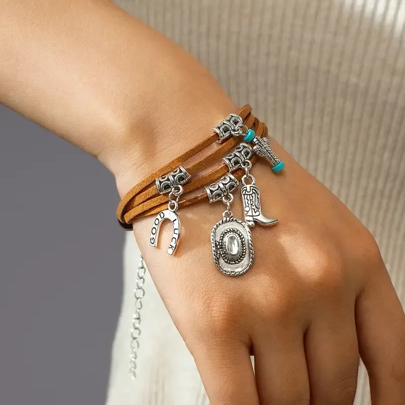 Western Charm Bracelet for Women - Cowboy Hat & Boot Tassel Pendants, Brown Velvet Rope Braided, Multi-Layer Design, Perfect for Casual Attire or Gifting