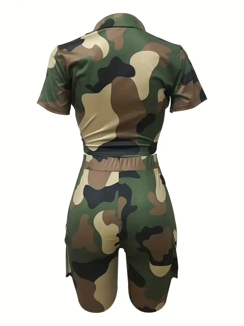 Camo Print Casual Two-piece Set, Twist Short Sleeve Tops & Slim Shorts With Pockets Outfits, Women's Clothing