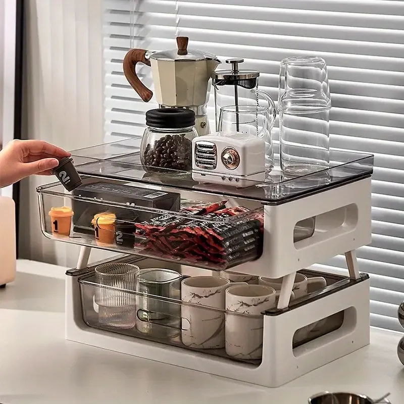 PVC Multi-Drawer Coffee Station Organizer, Cup and Snack Storage Rack with Tea Bag Compartment, Beverage Station Organizer, Kitchen Countertop Espresso Pod Holder