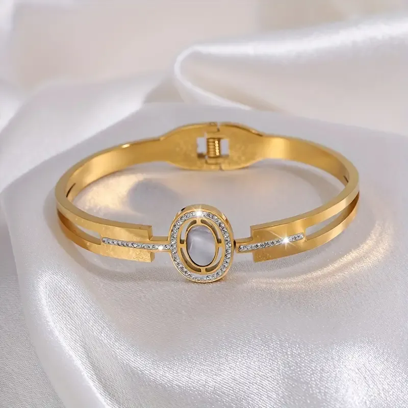 🔥🔥Hot Sale Promotion -Elegant Stainless Steel Open Cuff Bracelet with Rhinestone Accents - Perfect Gift for Her, Suitable for Casual Attire & Special Occasions