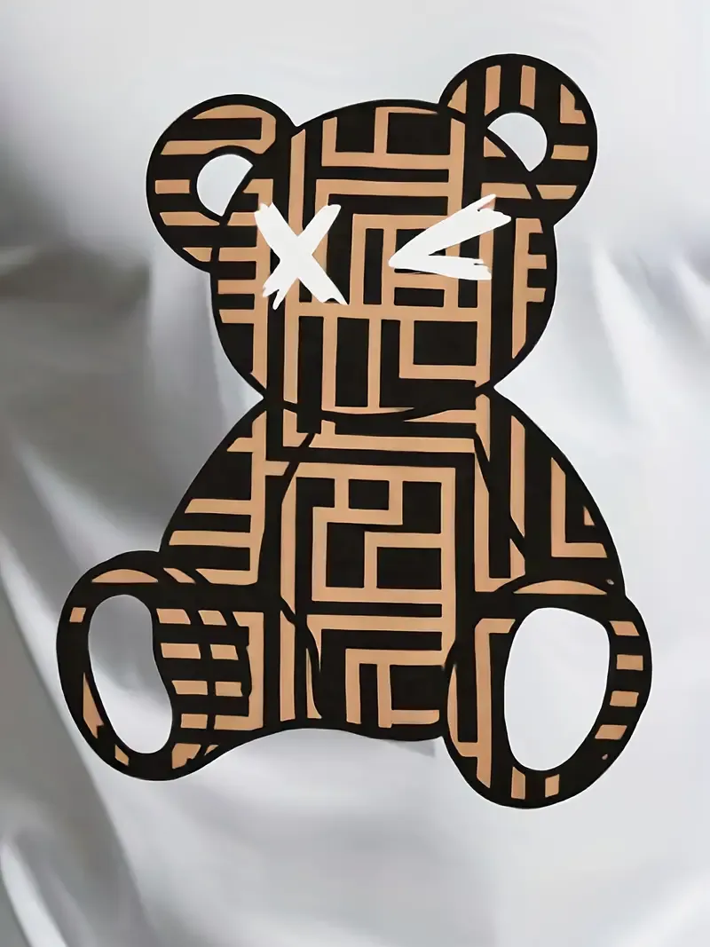 Men's Bear & Squares Pattern Graphic Print T-Shirt & Shorts co ord set For Summer, 2Pcs Outfits