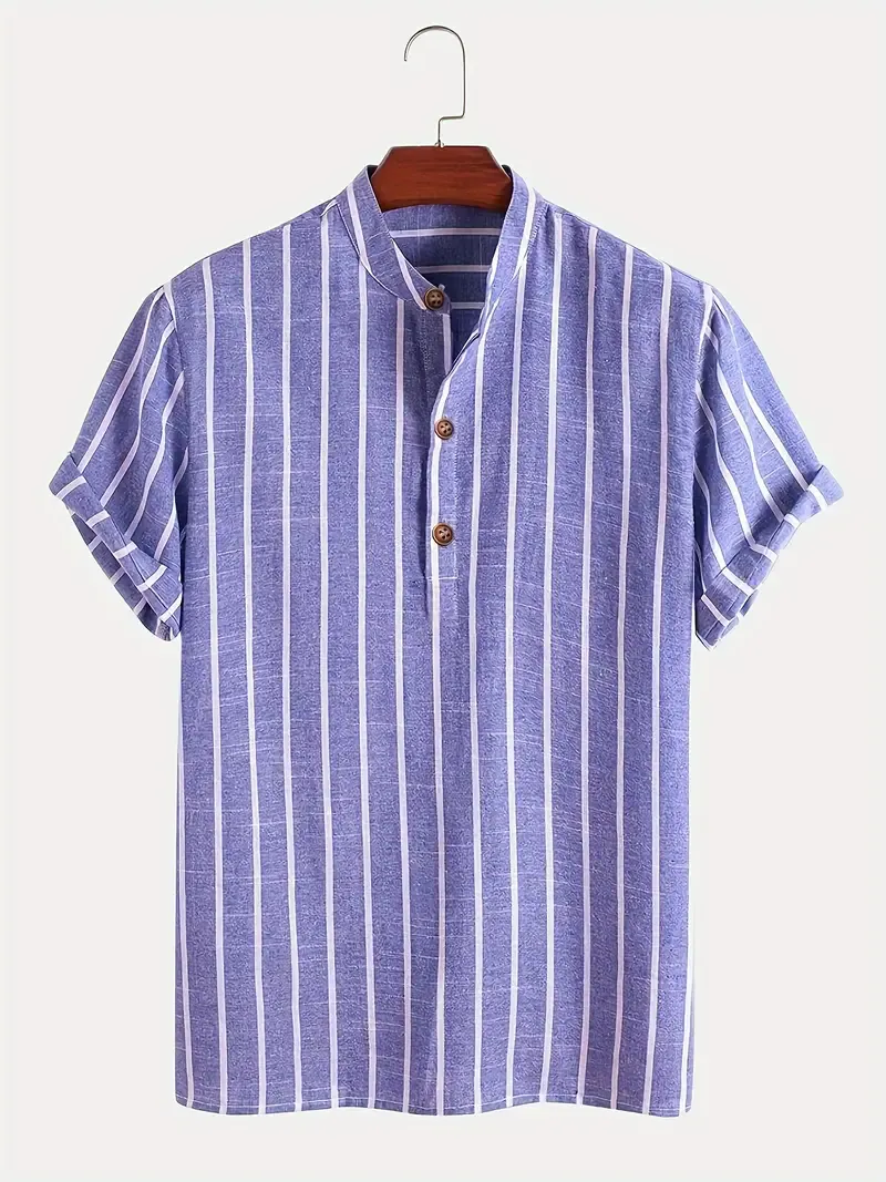 Contrast Color Stripe Pattern Men's Short Sleeve Stand Collar Henley Shirt, Classic And Chic Cotton Blend Tops For Summer Daily Wear And Vacation Resorts