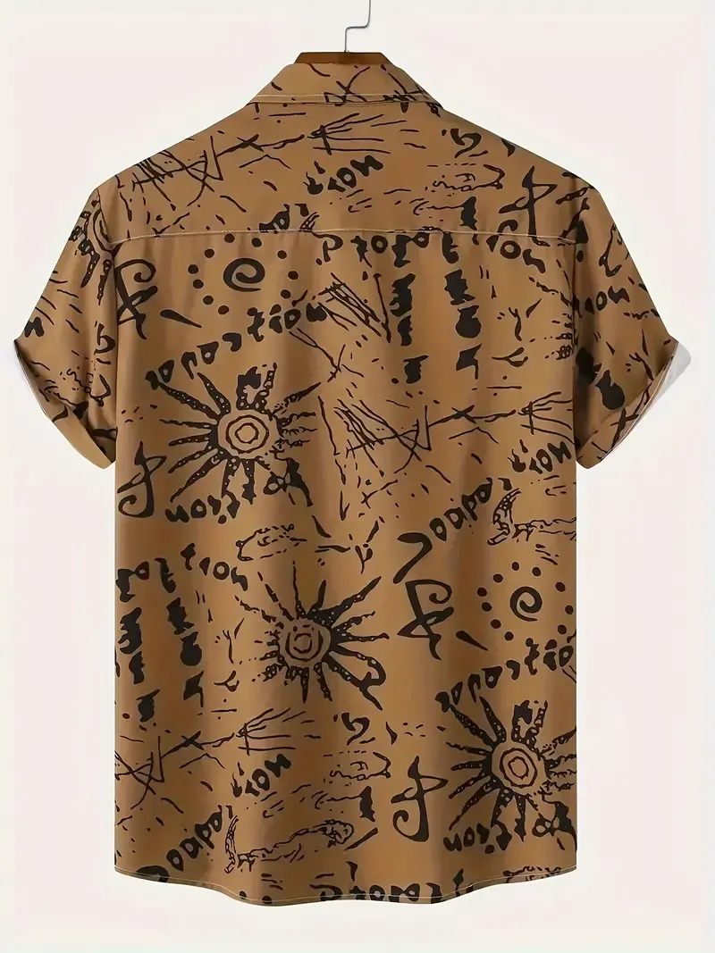 Men's Geometric Print Shirt, Casual Breathable Lapel Button Up Short Sleeve Shirt For Outdoor Activities