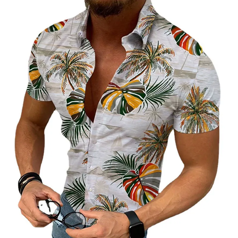 European and American popular 3D digital printing Hawaiian style men's casual short-sleeved shirt