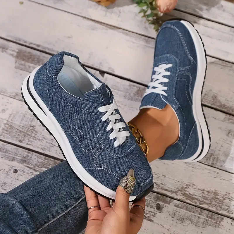 1 Pair Women'S Casual Lace-Up Sneakers, Denim Fabric Low-Top Walking Shoes with Rubber Sole, Breathable Linings, Versatile Solid Color Design for All Seasons