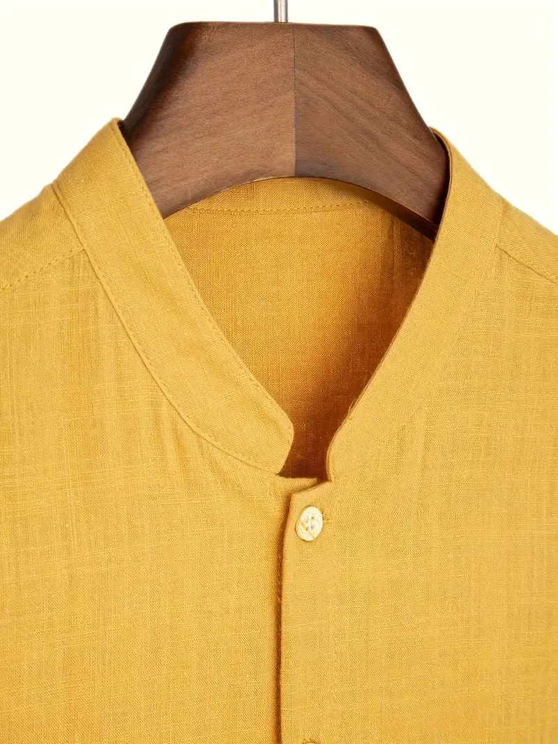 Plus Size Men's Solid Short Sleeve Shirt For Summer, Casual Trendy Band Collar Shirt For Males