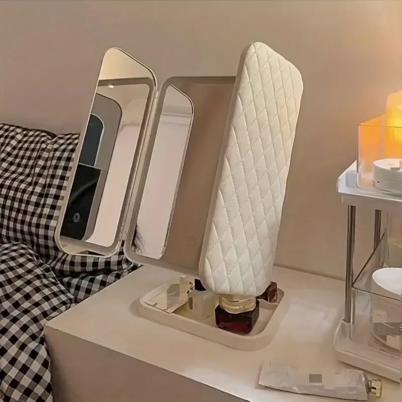 1PC LED Vanity Mirror with Leatherette Stand and Rechargeable Battery, Smart Touch Control, Foldable, Cartoon Theme, Polished Finish, Plastic Frame, USB Powered, Alcohol-Free, for Residential Aesthetic and Makeup Use