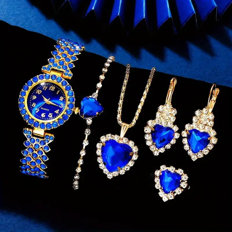 6 piece diamond watch and gemstone jewelry set