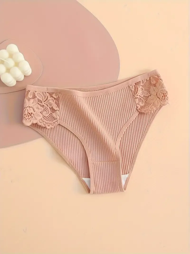 4pcs Contrast Lace Briefs, Comfy & Breathable Ribbed Stretchy Panties, Women's Lingerie & Underwear