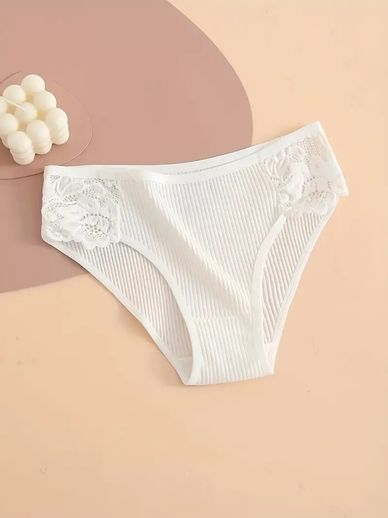 4pcs Contrast Lace Briefs, Comfy & Breathable Ribbed Stretchy Panties, Women's Lingerie & Underwear