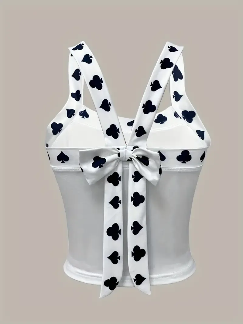 Lip Print Bow Back Tank Top, Sexy Sleeveless Slim Top For Summer & Spring, Women's Clothing