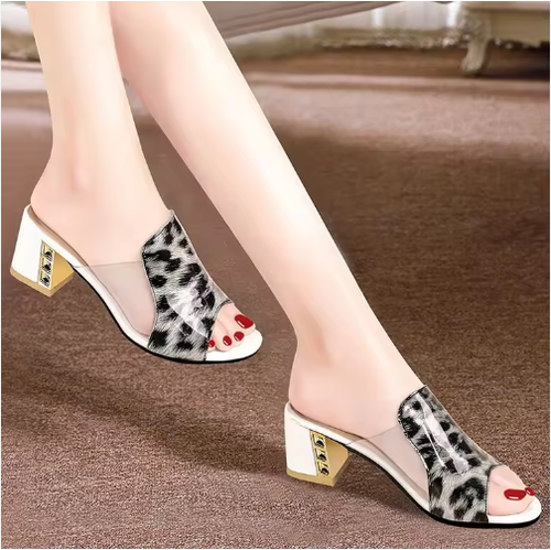 Leopard Print Sandals - Soft Sole, Slip-On, Platform, Chunky Heels, Comfortable Walking Shoes for Vacation