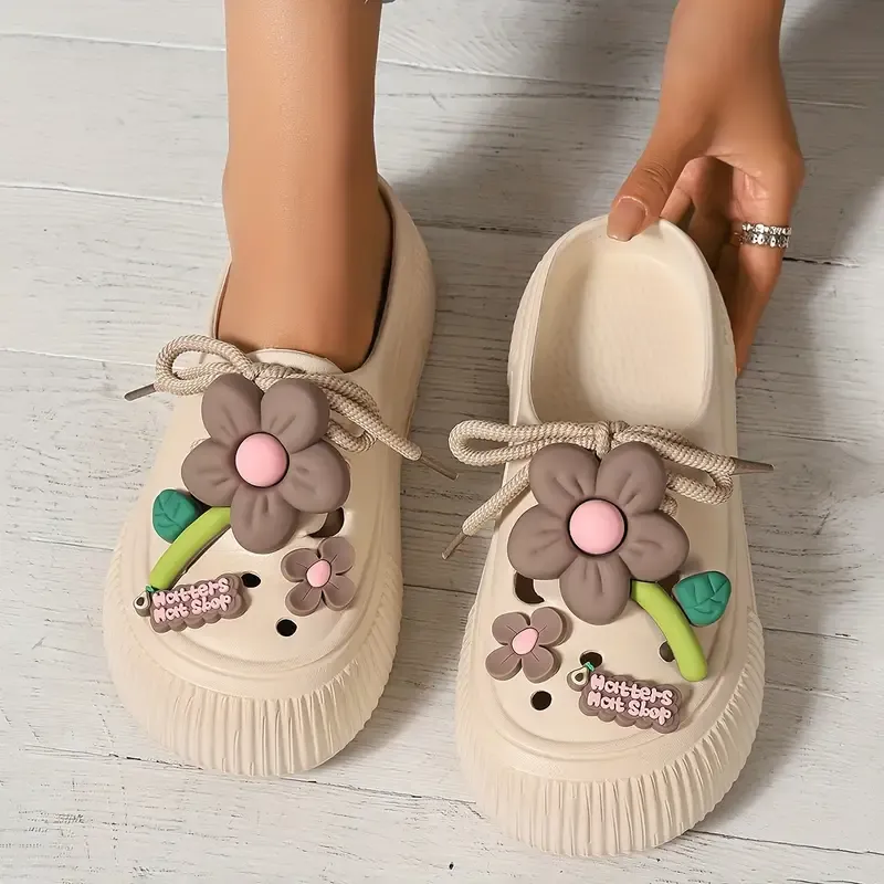 Women's PVC Cute Diy Clogs, Platform Lace Up Soft Sole Bowknot Decor Shoes, Closed Toe Summer Beach & Garden Mules