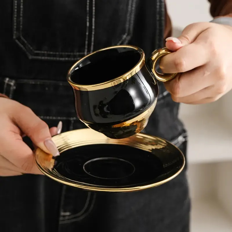 Black Ceramic Coffee Cup and Saucer Set