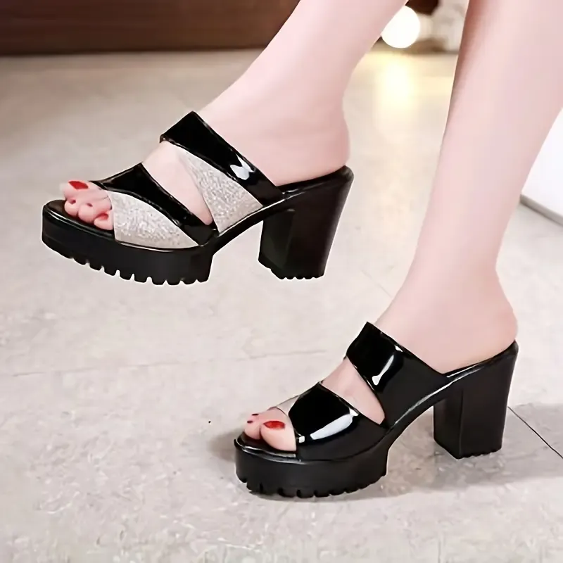 Women's Solid Color Stylish Sandals, Slip On Platform Soft Sole Sequins Decor Shoes, Comfort Dress Chunky Heels