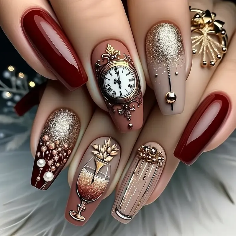24-Piece Press-On Nail Set in Square Shape with Medium Length - Chic Cartoon-Inspired Design with Clock and Wine Glass Elements, Bouquet Motifs, and Pearl Accents on Nude & Red Gradient - Glossy Finish with Jelly Glue and Nail File Included