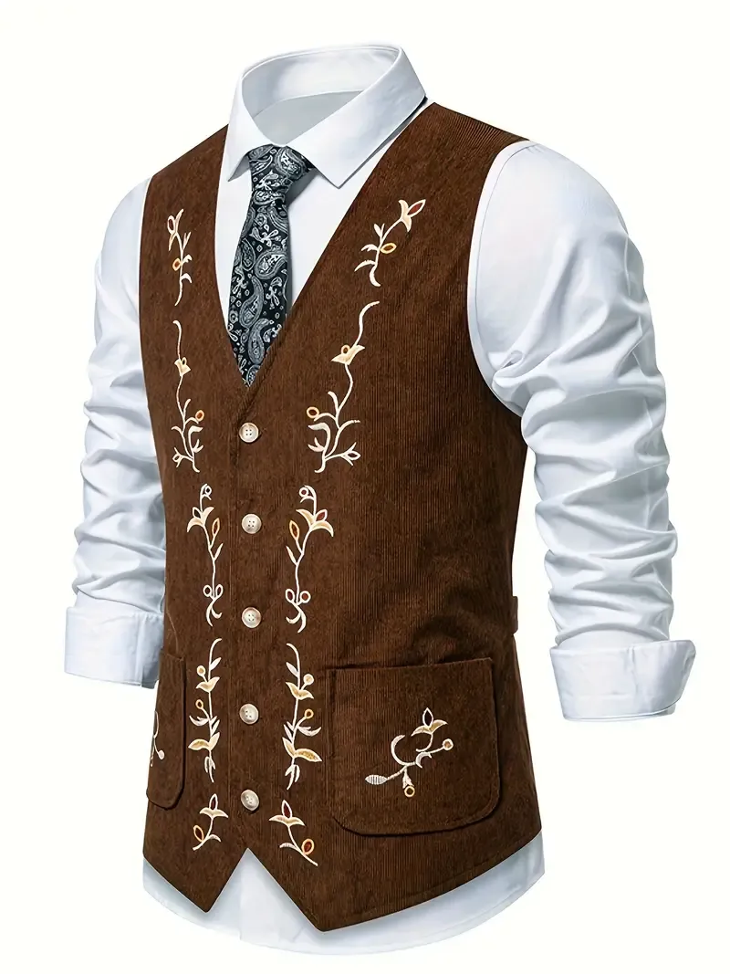 Men's Retro Embroidered Corduroy Vest, Button-Down V-Neck Waistcoat