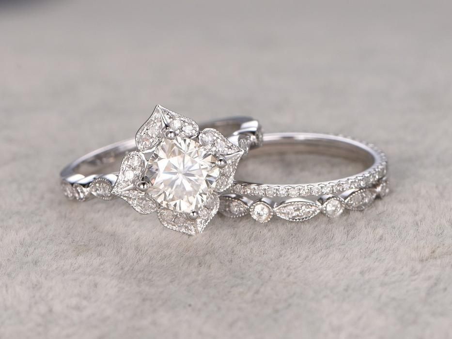 Custom Engagement Rings Sydney  Vintage Style Bridal Ring Set, Cushion Cut