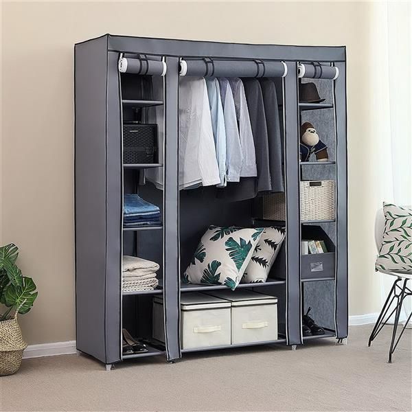 Buy Bulk Order Wholesale  69&amp;quot; Portable Clothes Closet Wardrobe Storage Organizer with Non-Woven Fabric Quick and Easy to Assemble Extra Strong and Durable Gray