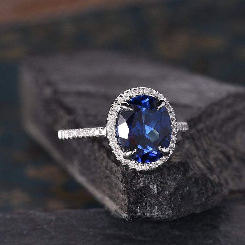 Wedding Bands Dubai  Oval Cut Blue Sapphire, Classic Halo Ring