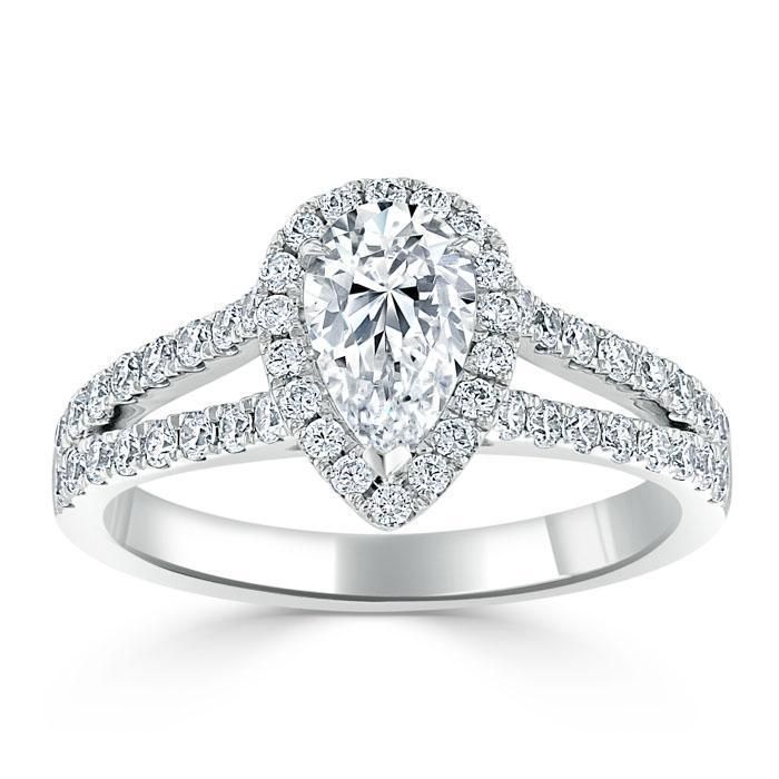 Wedding Ring Qatar  Pear Cut Moissanite Engagement Ring, Classic Halo with Split Shank