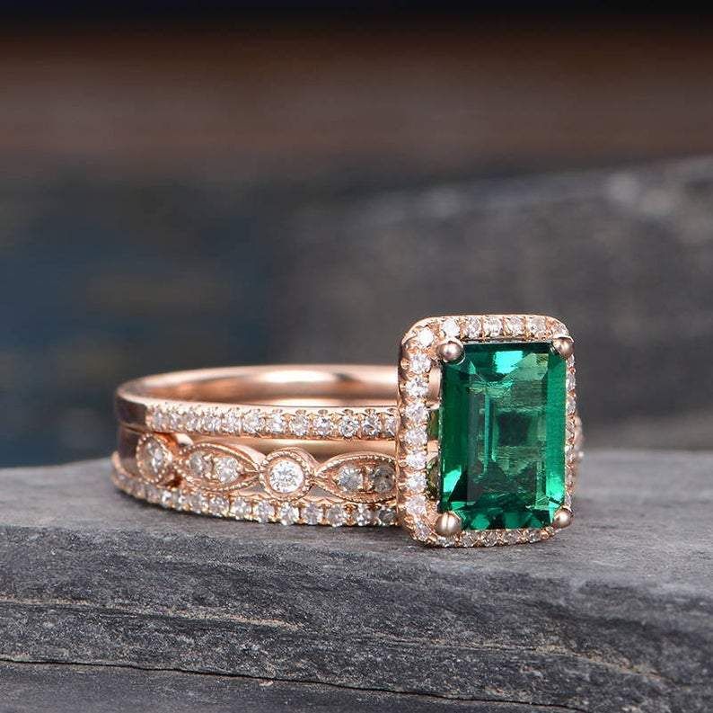 Custom Engagement Rings Sydney  Vintage Inspired Emerald Bridal Ring Set, Emerald Cut