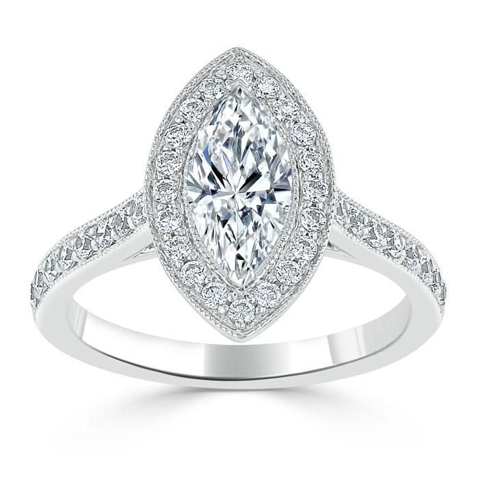 Wedding Bands Dubai  Marquise Cut Moissanite Halo Engagement Ring, Tiffany Style