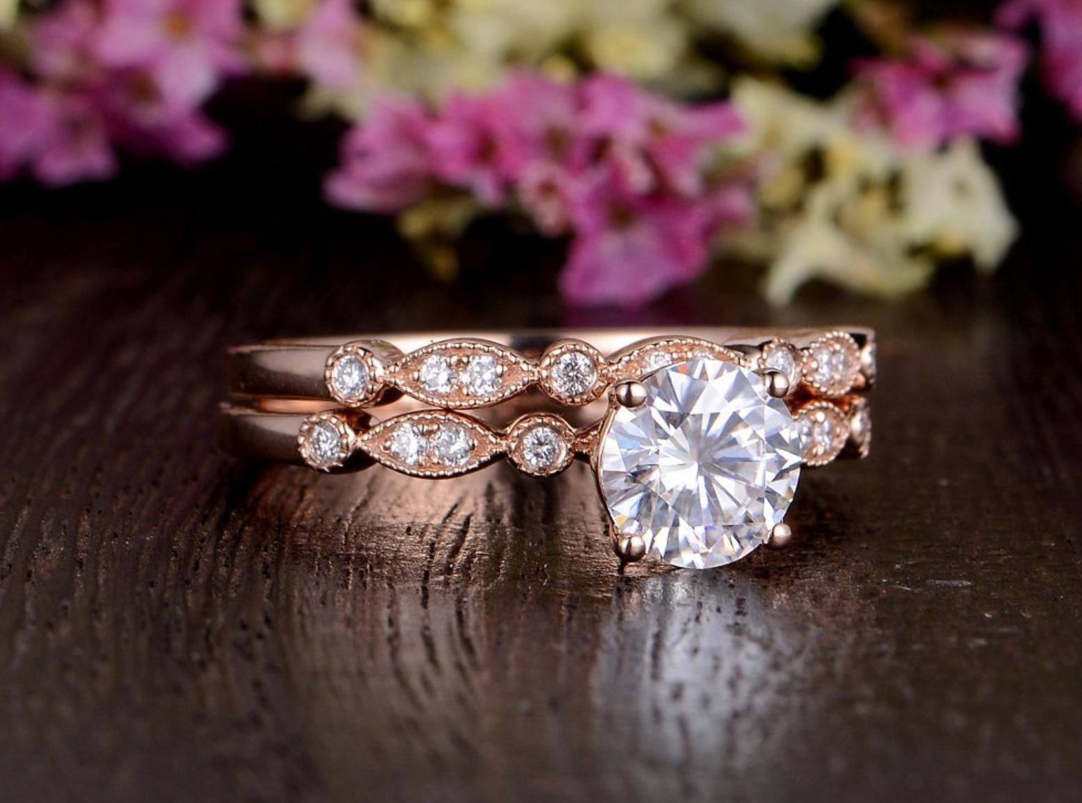 Custom Engagement Rings Sydney  Vintage Style Bridal Ring Set, Round Cut