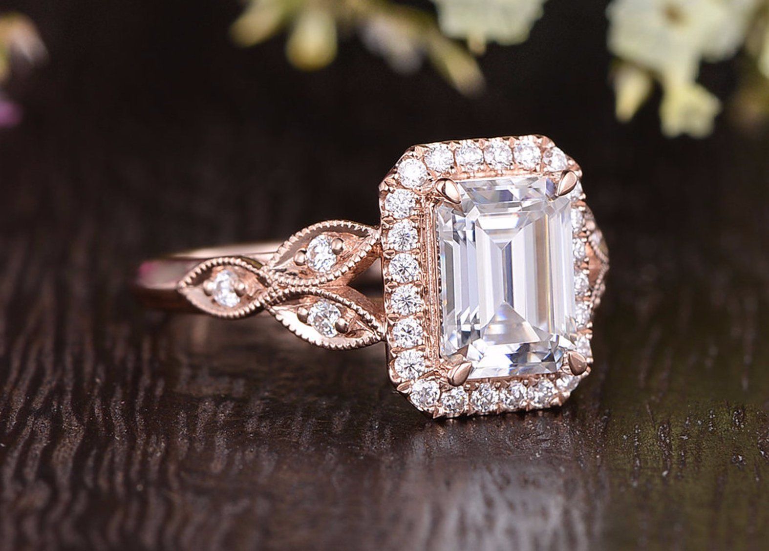 Engagement Ring Price In Qatar  Emerald Cut Moissanite Engagement Ring, Floral Art Deco Halo Design