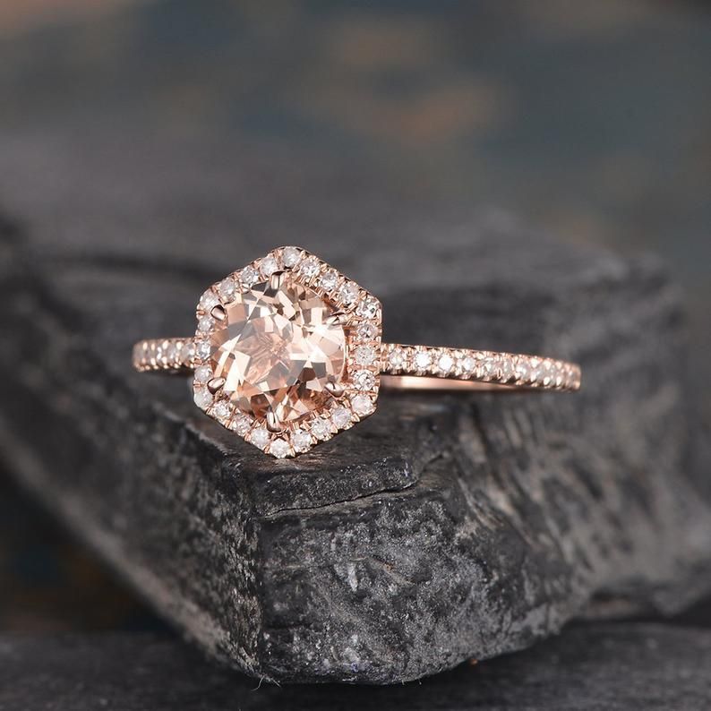 Diamond Rings Ireland  Round Cut Morganite, Hexagon Halo