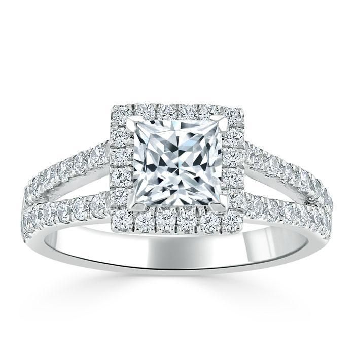 Emerald Engagement Rings Australia  Princess Cut Moissanite Engagement Ring, Classic Halo with Split Shank