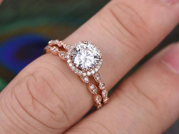 Custom Engagement Rings Sydney  Vintage Style Halo Ring Set, Round Cut