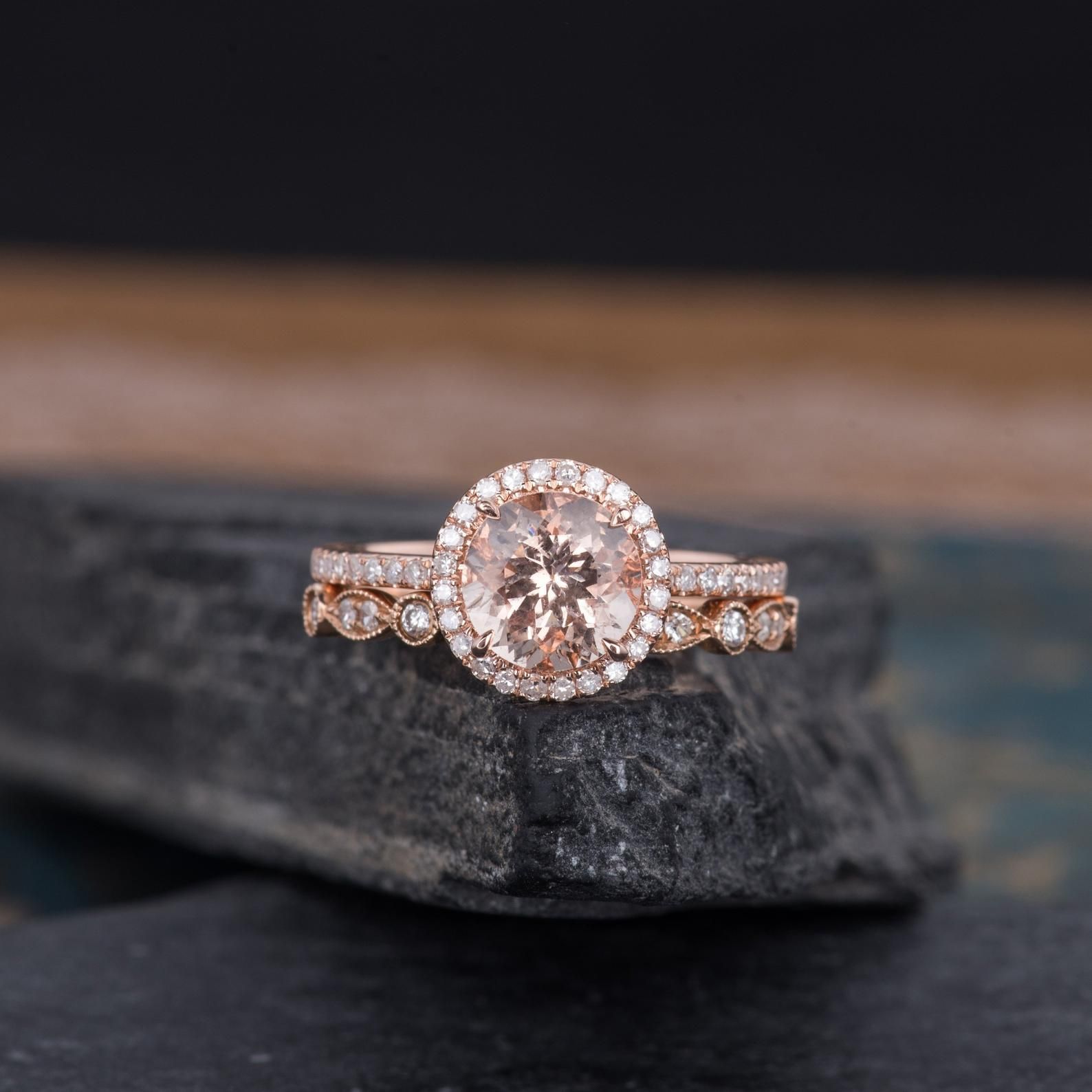 Diamond Rings Ireland  Round Cut Morganite &amp; Moissanite Bridal Ring set