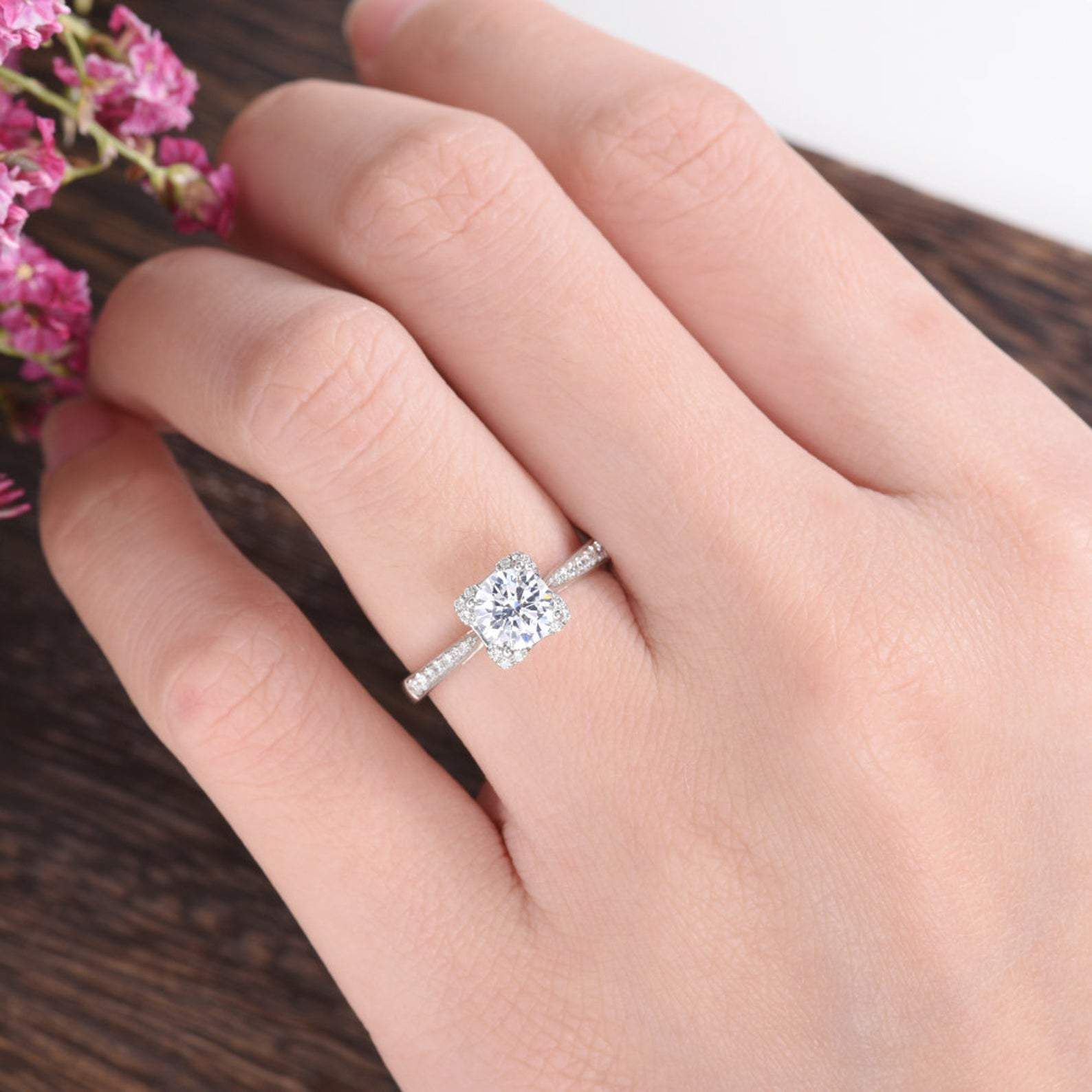 Emerald Cut Engagement Rings Uk Round Cut Moissanite Engagement Ring, Art Deco Design