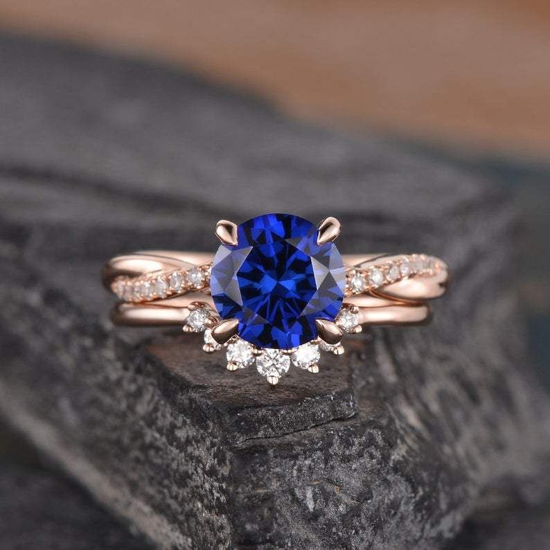 Diamond Rings Ireland  Vintage Bridal Ring Set, Round Cut Blue Sapphire