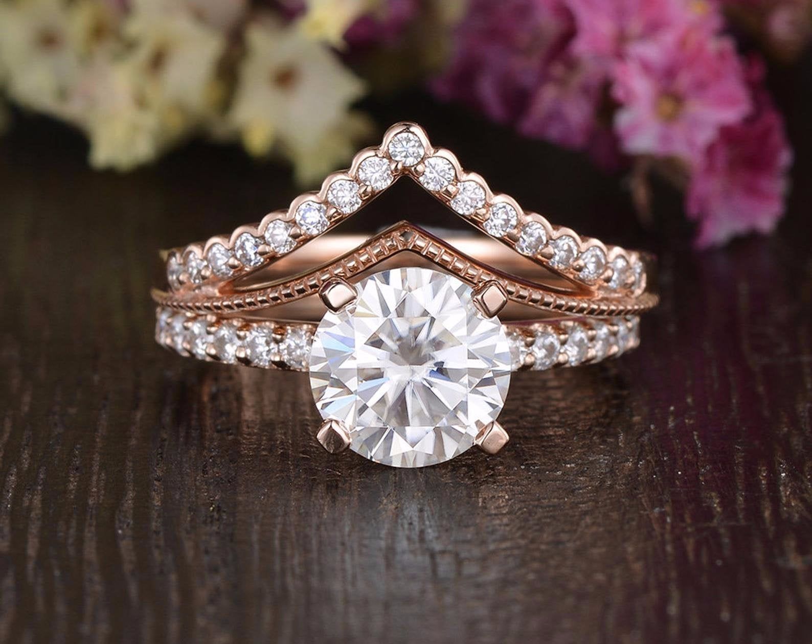 Custom Engagement Rings Sydney  Vintage Style Bridal Ring Set, Round Cut