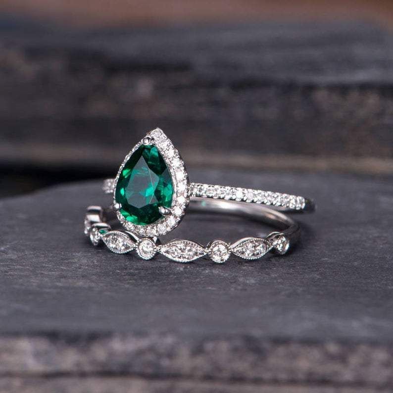 Custom Engagement Rings Sydney  Vintage Inspired Emerald Bridal Ring Set