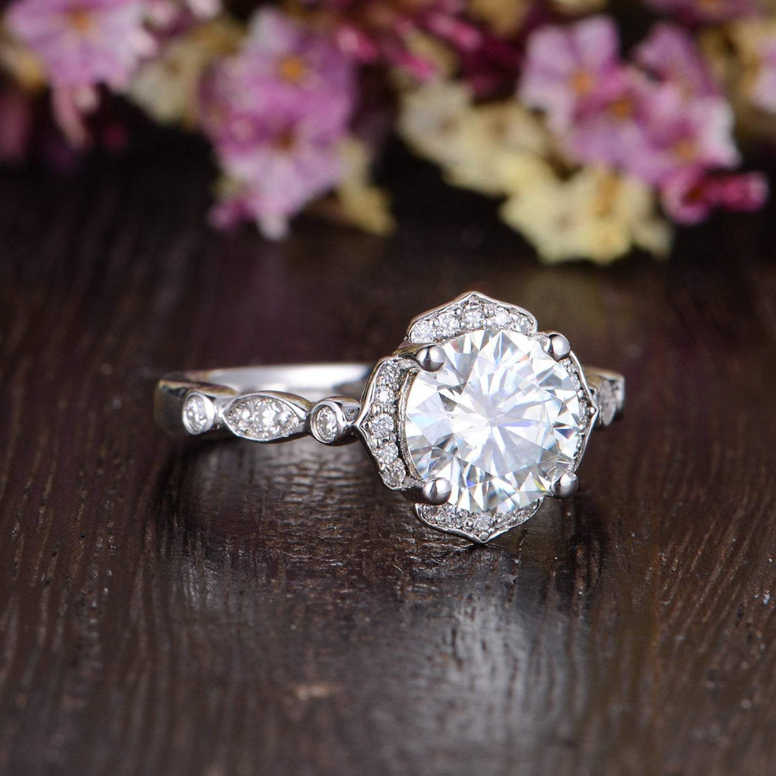 Moissanite Engagement Rings Canada  Round Cut Moissanite Engagement Ring, Art Deco Halo Design